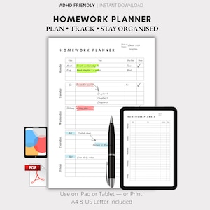 Homework Planner Printable, Student Assignment Tracker, Study Planner, School Organizer for Kids & Teens (ADHD Friendly)