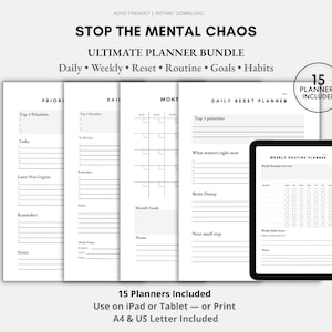 ADHD planner bundel afdrukbaar, dagelijks wekelijks maandelijks planner, Brain Dump Reset routine gewoonte tracker, digitale planner pdf