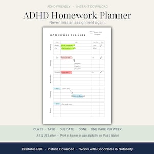 May include: A white ADHD Homework Planner with the text "ADHD Homework Planner" and "Never miss an assignment again." The planner includes sections for class, task, due date, and done. It is a printable PDF.
