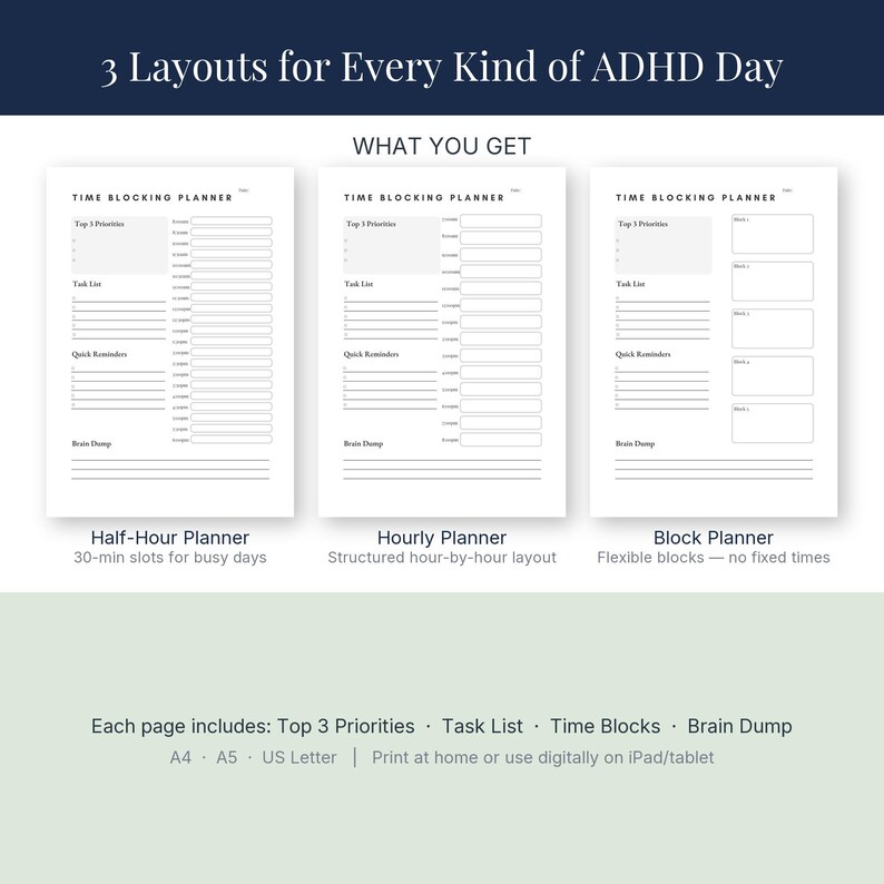 ADHD Time Blocking Planner Printable | Time Blindness Daily Planner ...