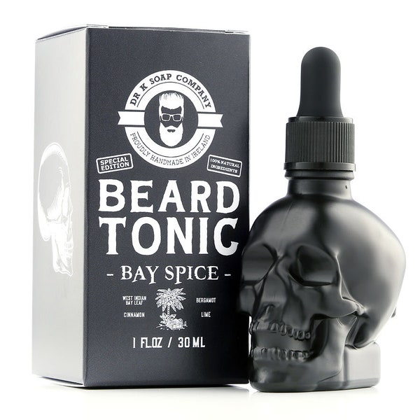 Huile à barbe Bay Spice - Édition spéciale, huile à barbe Skull, entièrement naturelle, fabriquée en Irlande