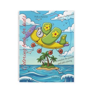 May include: A coloring book for kids featuring a cartoon airplane flying over an island with palm trees. The cover has the text "Coloring book for kids" and instructions to "Pick a character", "create a background", and "complete the picture and add coloring". Volume 4 is also displayed.