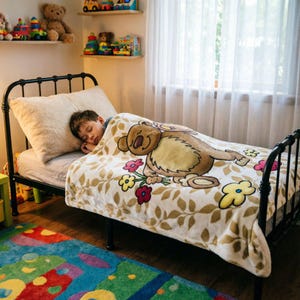 May include: A child's bedroom scene featuring a black metal bed with a beige pillow and a blanket. The blanket has a cartoon koala bear design with flowers. The room has toys on shelves and a colorful rug.