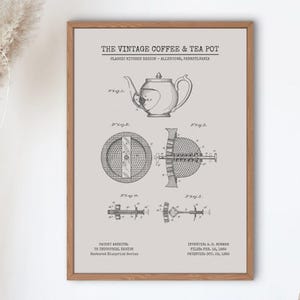 Impresión de patente de cafetera de 1889 / Arte de tetera vintage / Decoración de pared de cocina / Regalo de barista / Letrero de cafetería / Póster de cafetería industrial / Gris