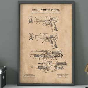 1925 Automatic Pistol Patent Print | Vintage Firearm Blueprint | M1911 Wall Art | Gunsmith Gift | Man Cave Decor | Military History Poster