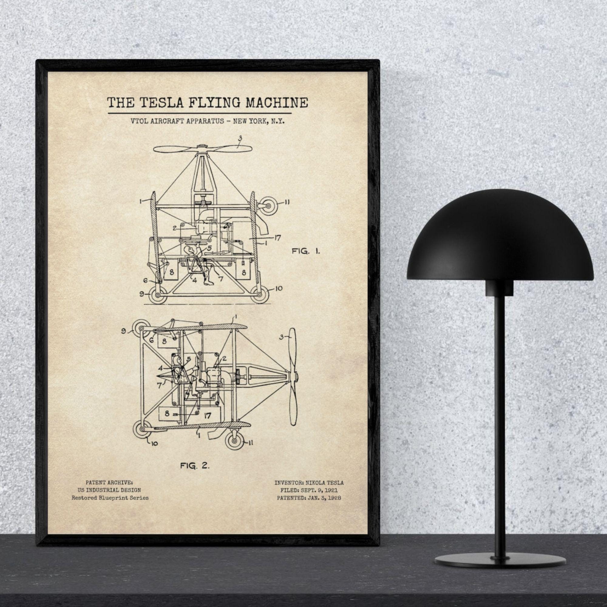 Tesla Flying Machine Nikola Tesla Flying Machine Patent Print | Vintage Science Poster ...