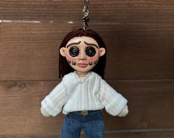 Custom Coraline Button Eye Doll Keychain | Polymer Clay Face, Yarn Hair, Ragdoll Style