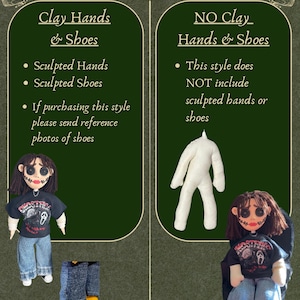 May include: An image showcasing two doll styles: one with clay hands and shoes, and another without. The first doll wears a black t-shirt, blue jeans, and has sculpted hands and shoes. The second doll lacks hands and shoes.
