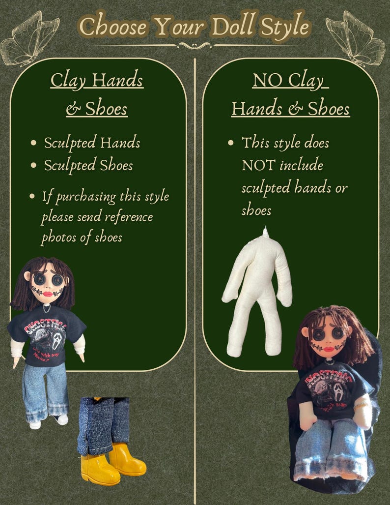 May include: An image showcasing two doll styles: one with clay hands and shoes, and another without. The first doll wears a black t-shirt, blue jeans, and has sculpted hands and shoes. The second doll lacks hands and shoes.