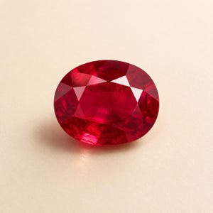 May include: A vibrant, oval-cut ruby gemstone featuring a deep red color and a faceted surface that reflects light. The stone displays a clear, transparent quality with geometric patterns created by the precise arrangement of its polished facets.