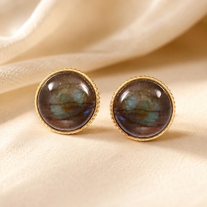 Pendientes de botón de labradorita natural, 10 mm, brillo azul, plata de ley 925 o plata chapada en oro de 18 quilates.
