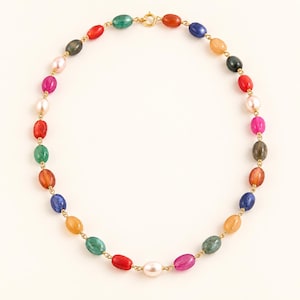 Full-Strand Navratna Gemstone Necklace, 925 Sterling Silver or Gold-Plated, Vedic Astrology Jewelry