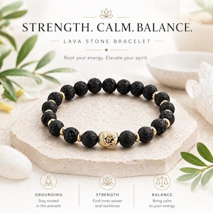Puede incluir: Una pulsera de piedra de lava con cuentas negras y detalles dorados. La pulsera presenta un dije de Buda dorado. El texto en la imagen dice "STRENGTH. CALM. BALANCE." y "LAVA STONE BRACELET."