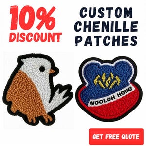 May include: Two custom chenille patches featuring a textured bird design in white and brown, and a blue and red shield-shaped patch with yellow symbols and the text WOOLOH HONO. The image includes the text 10% DISCOUNT, CUSTOM CHENILLE PATCHES, and GET FREE QUOTE.