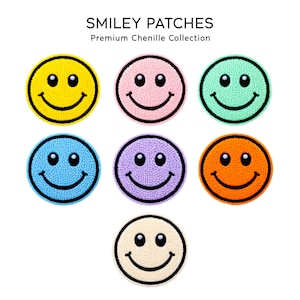 May include: Seven circular chenille patches featuring a smiley face design in yellow, pink, mint green, blue, purple, orange, and cream. Each patch has a black outline and a black smiling mouth. The text SMILEY PATCHES Premium Chenille Collection is at the top.