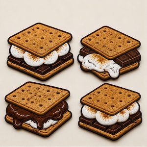 May include: A set of four square embroidered patches depicting s'mores. Each patch features a golden-brown graham cracker top and bottom with varying layers of white toasted marshmallows and dark brown chocolate squares in between.