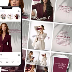 May include: A smartphone displays an Instagram interface with a woman in a burgundy blazer. The image includes text about Instagram marketing, with the words "Instagram" and "Unlock These 5 Benefits Today."