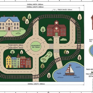 Children's Educational Railway Rug featuring a complete miniature community with curved train tracks, wide streets, family homes, colorful houses, school, green landscapes, walking paths, pond, and sailing boat. This interactive floor rug promotes imaginative play, social development, creative storytelling, and early learning through open-ended activities. The soft plush surface makes it comfortable for toddlers and preschool children during extended play sessions.