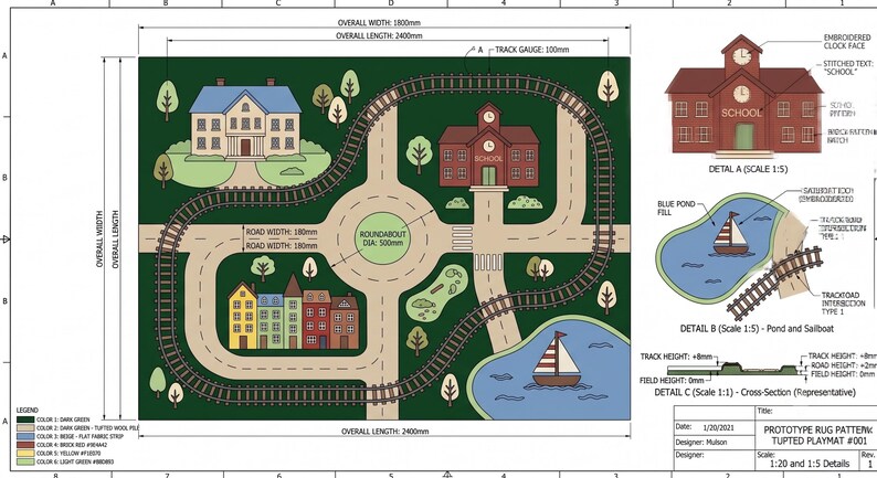 Children's Educational Railway Rug featuring a complete miniature community with curved train tracks, wide streets, family homes, colorful houses, school, green landscapes, walking paths, pond, and sailing boat. This interactive floor rug promotes imaginative play, social development, creative storytelling, and early learning through open-ended activities. The soft plush surface makes it comfortable for toddlers and preschool children during extended play sessions.