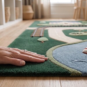Montessori-inspired Kids Activity Rug featuring realistic streets, railway tracks, pedestrian crossings, school, elegant family home, colorful village houses, trees, pond, and sailboat. This educational play rug encourages independent learning, creative role-play, transportation recognition, and spatial awareness while offering a soft and comfortable surface for everyday use.