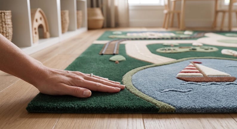 Montessori-inspired Kids Activity Rug featuring realistic streets, railway tracks, pedestrian crossings, school, elegant family home, colorful village houses, trees, pond, and sailboat. This educational play rug encourages independent learning, creative role-play, transportation recognition, and spatial awareness while offering a soft and comfortable surface for everyday use.