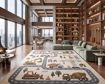May include: A rectangular area rug featuring a light beige background with a dark gray road pattern. The design includes raised, textured illustrations of construction vehicles such as excavators, dump trucks, and cement mixers, along with trees.