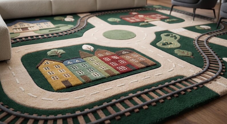 Large Kids Playroom Rug designed with an interactive town map including roads, train tracks, school, neighborhood buildings, roundabout, lake, trees, and sailboat for imaginative educational play. This plush children's rug supports creativity, motor skill development, storytelling, and pretend transportation games using toy cars and wooden trains. Suitable for Montessori classrooms, homeschool activities, daycare facilities, nurseries, and modern kids' bedrooms.