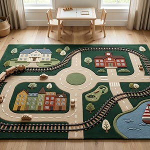 May include: A rectangular area rug featuring a green background with a printed town scene including a train track, a road network, a school building, a residential house, a row of colorful buildings, a blue lake with a sailboat, and small trees.