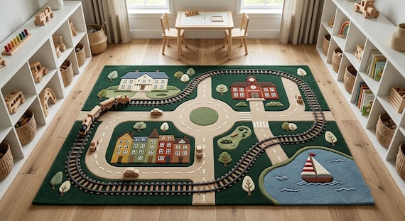 Organic Railway Track Play Rug For Kids City Road Map 8x10 Rug, Nursery Town Rug Playroom Activity 6x9, Carpet Preschool Learning Custom Rug