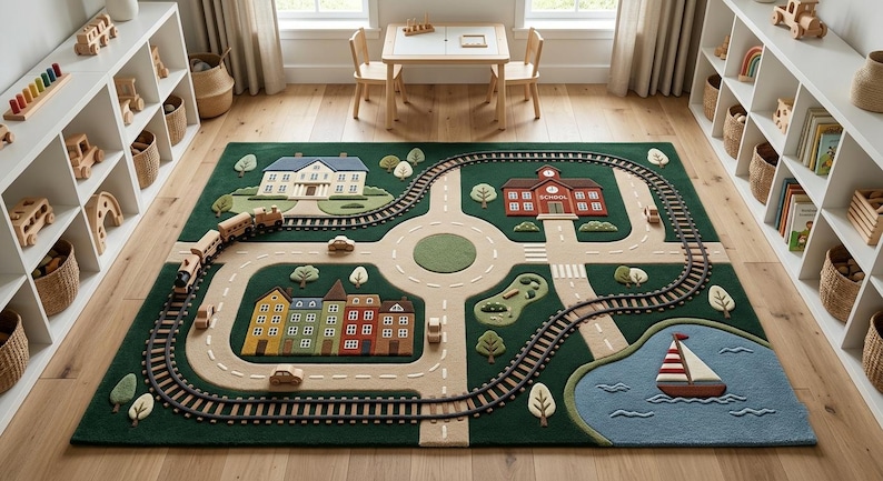 Kids Play Rug featuring a charming miniature town with roads, railway tracks, school, family home, colorful neighborhood houses, trees, and a peaceful lake with a sailboat. This educational activity rug is designed for toddlers and preschool children, encouraging imaginative play, storytelling, vehicle adventures, and early learning.