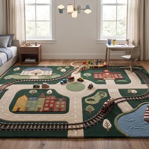 Premium Montessori Kids Play Rug featuring an interactive transportation-themed town with detailed roads, train tracks, school, residential neighborhood, landscaped trees, roundabout, pond, sailboat, and realistic community layout. This soft educational area rug inspires pretend play, storytelling, social interaction, fine motor development, and cognitive learning while providing a comfortable floor surface for everyday activities.