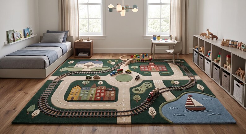 Premium Montessori Kids Play Rug featuring an interactive transportation-themed town with detailed roads, train tracks, school, residential neighborhood, landscaped trees, roundabout, pond, sailboat, and realistic community layout. This soft educational area rug inspires pretend play, storytelling, social interaction, fine motor development, and cognitive learning while providing a comfortable floor surface for everyday activities.