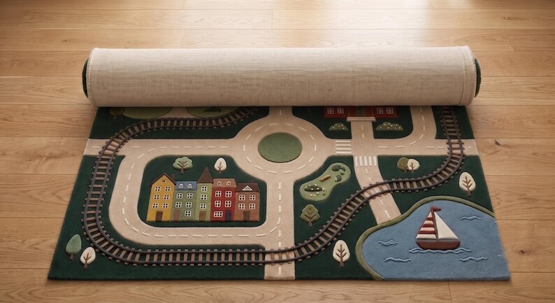 Interactive City Play Rug with train tracks, winding roads, school, neighborhood homes, landscaped greenery, roundabout, lake, and sailboat creates an exciting learning environment for toddlers and young children. Designed for imaginative storytelling, this children's activity rug supports educational play with toy trains, wooden vehicles, and miniature figures.