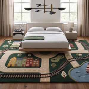 Educational children's city road rug showcasing detailed railway tracks, looping streets, pedestrian crossings, colorful townhouses, a school building, elegant family home, trees, landscaped park, and a peaceful lake with a sailing boat. Positioned beneath a modern dining table, this soft play rug blends home décor with interactive learning.