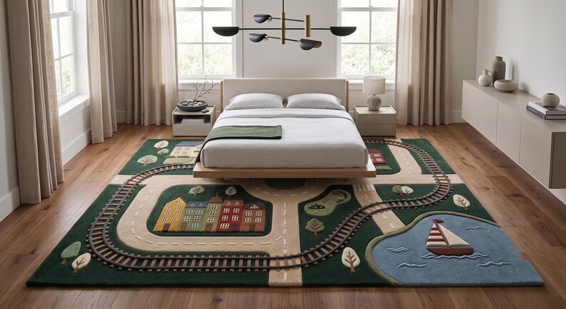 Educational children's city road rug showcasing detailed railway tracks, looping streets, pedestrian crossings, colorful townhouses, a school building, elegant family home, trees, landscaped park, and a peaceful lake with a sailing boat. Positioned beneath a modern dining table, this soft play rug blends home décor with interactive learning.