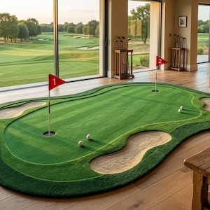 May include: An indoor golf putting green mat featuring a vibrant green turf surface, two holes with red flags numbered one and two, and integrated sand trap sections. The mat includes two white golf balls resting on the surface of the putting area.