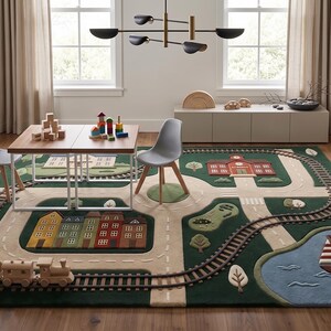 Large Educational Play Mat showcasing a beautifully illustrated miniature town with railway tracks, winding roads, family home, colorful buildings, school campus, lake, sailboat, trees, and landscaped scenery. Designed for imaginative play with toy cars, wooden trains, trucks, and figurines, this children's rug encourages creativity, independent exploration, and early childhood learning. Ideal for Montessori classrooms, daycare centers, homeschooling, nurseries, and playrooms.
