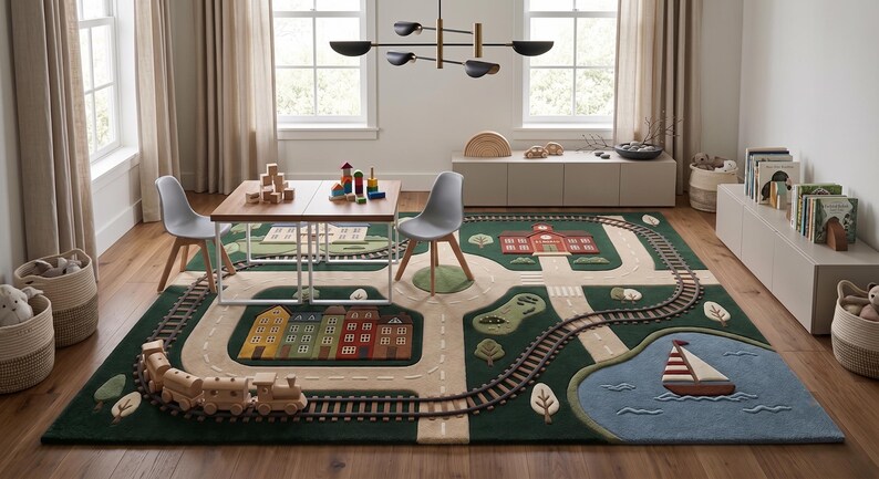 Large Educational Play Mat showcasing a beautifully illustrated miniature town with railway tracks, winding roads, family home, colorful buildings, school campus, lake, sailboat, trees, and landscaped scenery. Designed for imaginative play with toy cars, wooden trains, trucks, and figurines, this children's rug encourages creativity, independent exploration, and early childhood learning. Ideal for Montessori classrooms, daycare centers, homeschooling, nurseries, and playrooms.
