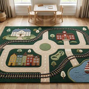 Soft Preschool Activity Rug with an engaging city layout featuring interconnected roads, train railway, school, houses, green trees, landscaped gardens, pedestrian crossings, roundabout, and a scenic lake with sailboat. This interactive educational rug encourages toddlers to develop imagination, communication skills, fine motor coordination, and problem-solving through vehicle play and storytelling.