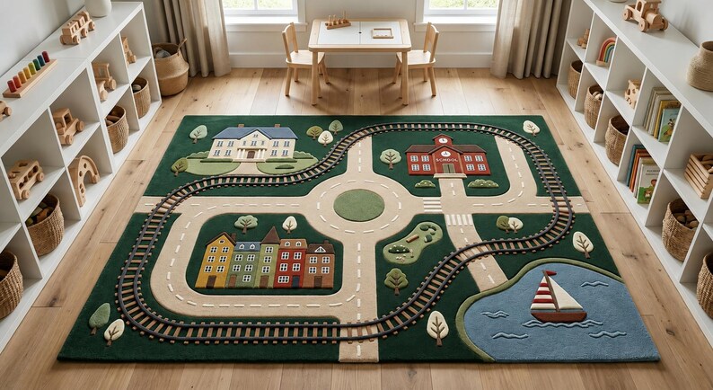 Soft Preschool Activity Rug with an engaging city layout featuring interconnected roads, train railway, school, houses, green trees, landscaped gardens, pedestrian crossings, roundabout, and a scenic lake with sailboat. This interactive educational rug encourages toddlers to develop imagination, communication skills, fine motor coordination, and problem-solving through vehicle play and storytelling.