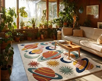Colorful Space Planets Kids Rug, Celestial Nursery Decor, Solar System Playroom 9x12 Area Rug, Modern Retro Tufted 6X8 Wool Rug, Galaxy Rug