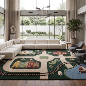 Modern Kids Town Play Rug displaying an attractive village scene with realistic roads, railroad tracks, schoolhouse, neighborhood homes, trees, traffic routes, roundabout, peaceful lake, and sailboat. Designed to inspire creativity, this educational rug supports pretend play, toy vehicle adventures, and cognitive development while creating a comfortable play area. Ideal for Montessori classrooms, daycare centers, homeschooling, children's bedrooms, nurseries, and family game rooms.