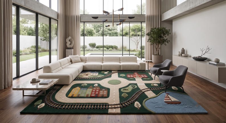 Modern Kids Town Play Rug displaying an attractive village scene with realistic roads, railroad tracks, schoolhouse, neighborhood homes, trees, traffic routes, roundabout, peaceful lake, and sailboat. Designed to inspire creativity, this educational rug supports pretend play, toy vehicle adventures, and cognitive development while creating a comfortable play area. Ideal for Montessori classrooms, daycare centers, homeschooling, children's bedrooms, nurseries, and family game rooms.