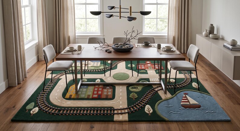 Modern kids play rug featuring an interactive miniature town with winding roads, realistic railway tracks, a neighborhood school, colorful residential houses, a large family home, landscaped trees, a scenic blue lake with a sailboat, and a central roundabout. Displayed beneath a contemporary wooden dining table in a bright, minimalist home, this educational area rug combines imaginative play with stylish interior design.