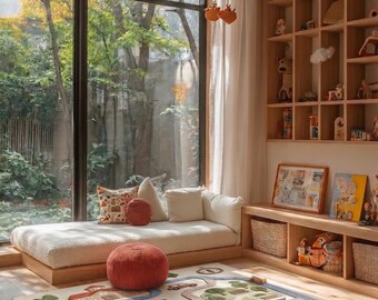 May include: A rectangular area rug featuring a raised, textured map design of a town with roads, buildings, a cafe, a pond, and trees in shades of blue, green, and brown on a cream background, placed on a wooden floor in a room with a window.