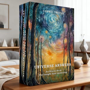 Pode incluir: Um baralho de cartas de oráculo intitulado "UNIVERSE ANSWERS" com um design vibrante de céu estrelado. A capa apresenta o texto "COSMIC TRUTHS" e "An Oracle Deck For Insight And Awakening". A lombada diz "When You Ask The Universe Is Already Answering."