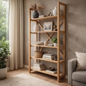 Puede incluir: Una estantería de madera clara con cinco estantes, que muestra jarrones decorativos, libros y una foto enmarcada. La estantería tiene un soporte en forma de X en la parte trasera y está colocada cerca de una ventana con cortinas beige.