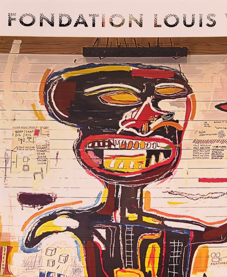 May include: A colorful painting featuring a figure with a black head and body, red mouth, and yellow teeth. The artwork has a graffiti-like style with text and symbols on a white background. The word "FONDATION" is at the top.