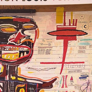 May include: Artwork featuring a colorful abstract face with bold red, black, and yellow strokes. The background is a white surface with handwritten text and geometric shapes. The words "ION LOUIS VUITTON" are at the top.