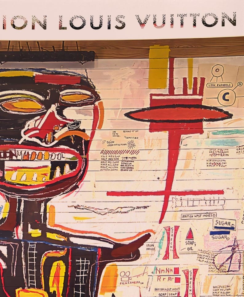 May include: Artwork featuring a colorful abstract face with bold red, black, and yellow strokes. The background is a white surface with handwritten text and geometric shapes. The words "ION LOUIS VUITTON" are at the top.